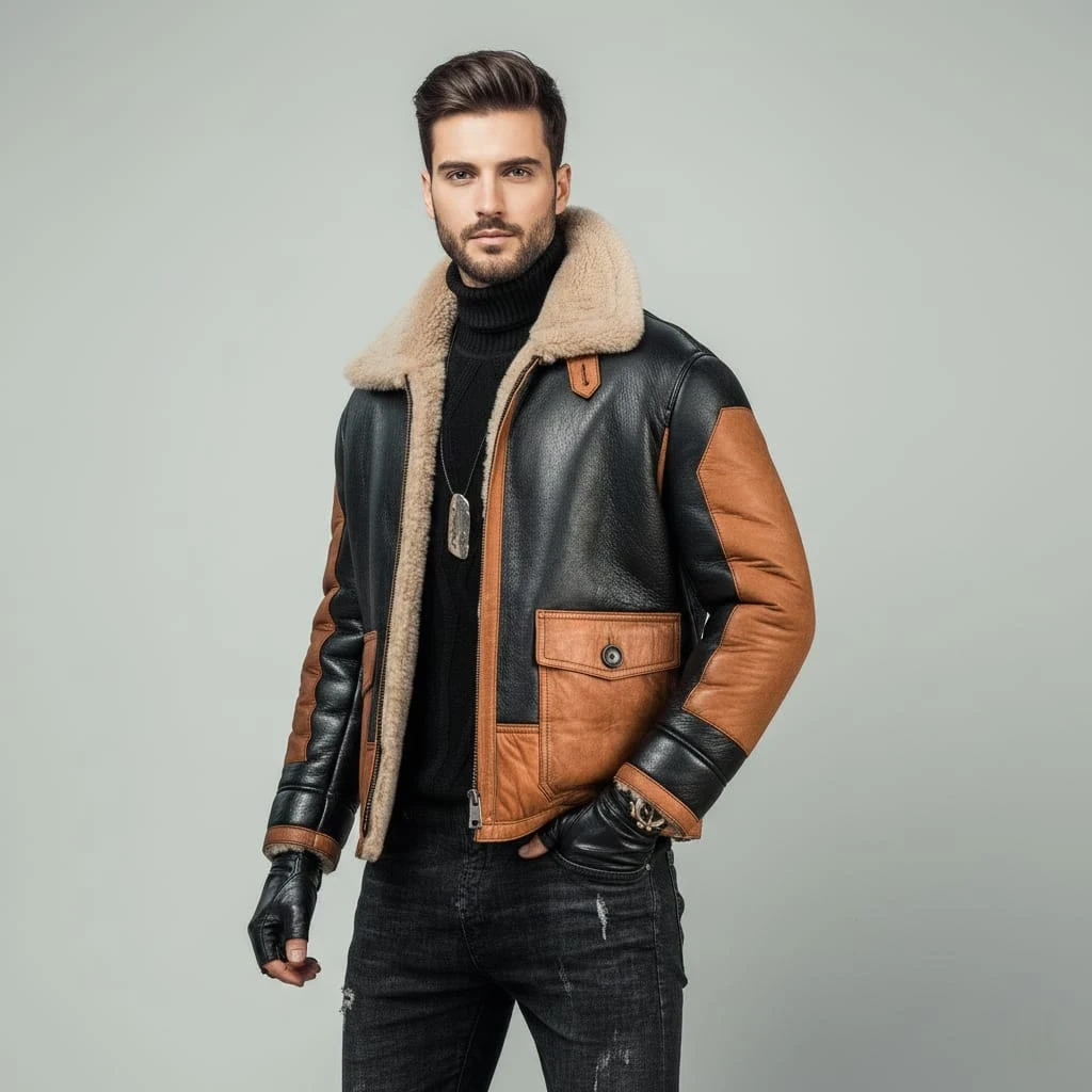 Mens RAF B3 Aviator Pilot Bomber Jacket - Fur Shearling Sheep Leather Style Coat