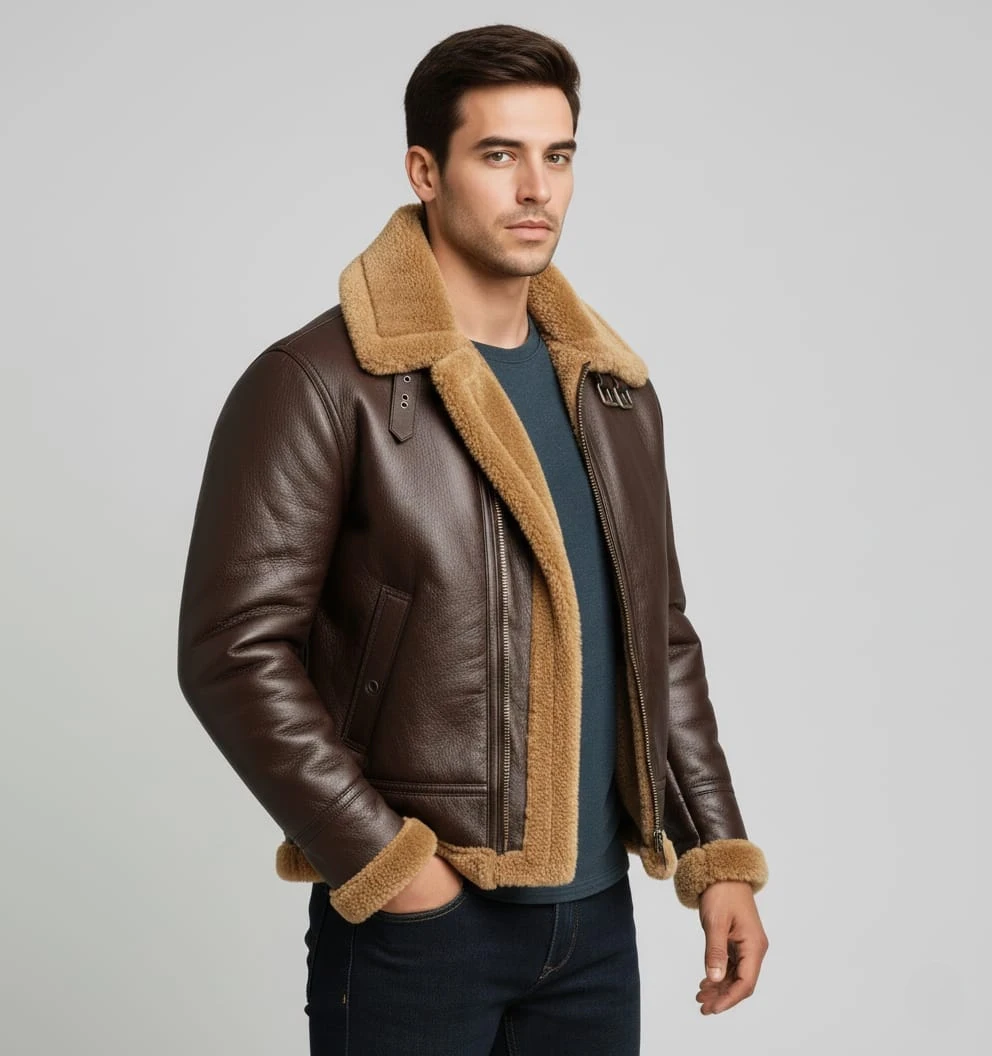 Men's RAF Brown B3 Bomber Aviator Real Sheepskin Leather Jacket