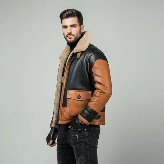 Mens RAF B3 Aviator Pilot Bomber Jacket - Fur Shearling Sheep Leather Style Coat
