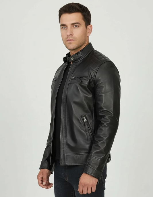 Tall Diamond Men's Black Cafe Racer Biker Fashion Jacket