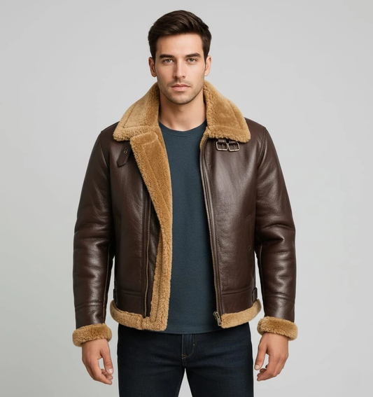 Men's RAF Brown B3 Bomber Aviator Real Sheepskin Leather Jacket